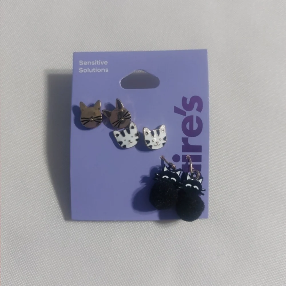 Claire's Feline Fun Earrings Set - Gold, White, and Black